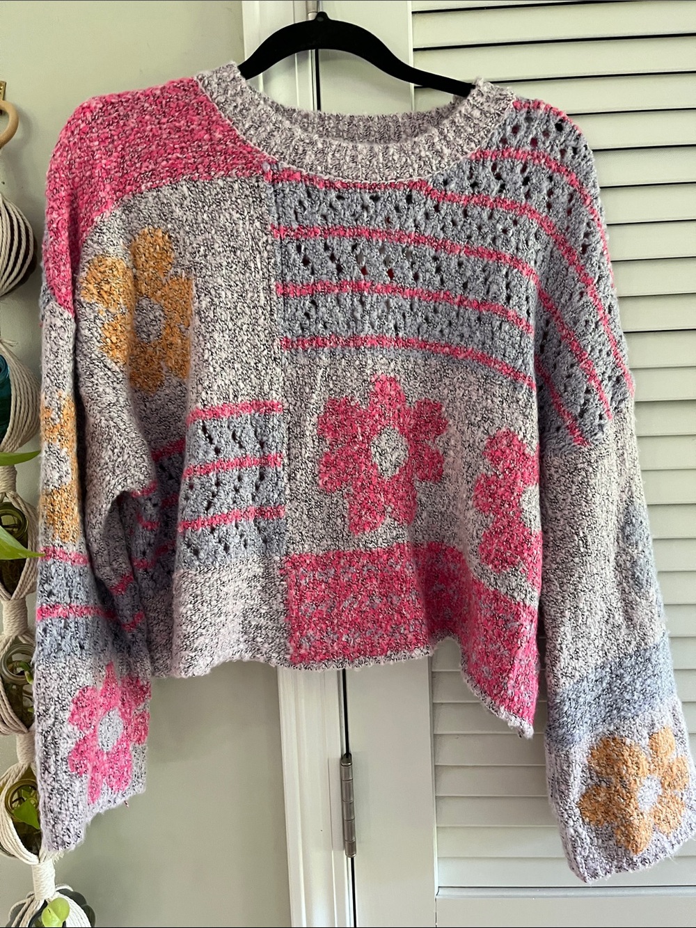moon & madison Gray Sweater with Pink & Gold Floral Accents